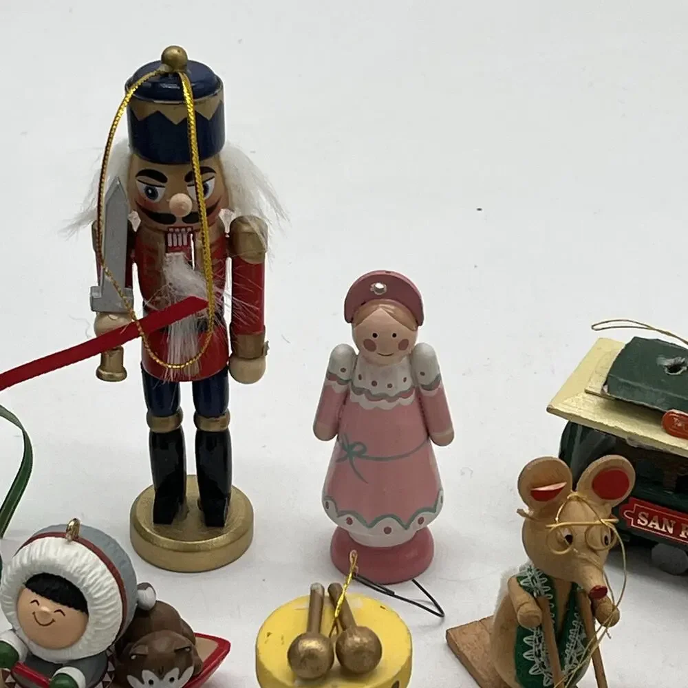 Vintage Lot Of 16 Christmas Ornaments Wooden Flocked Assorted MCM Nutcracker